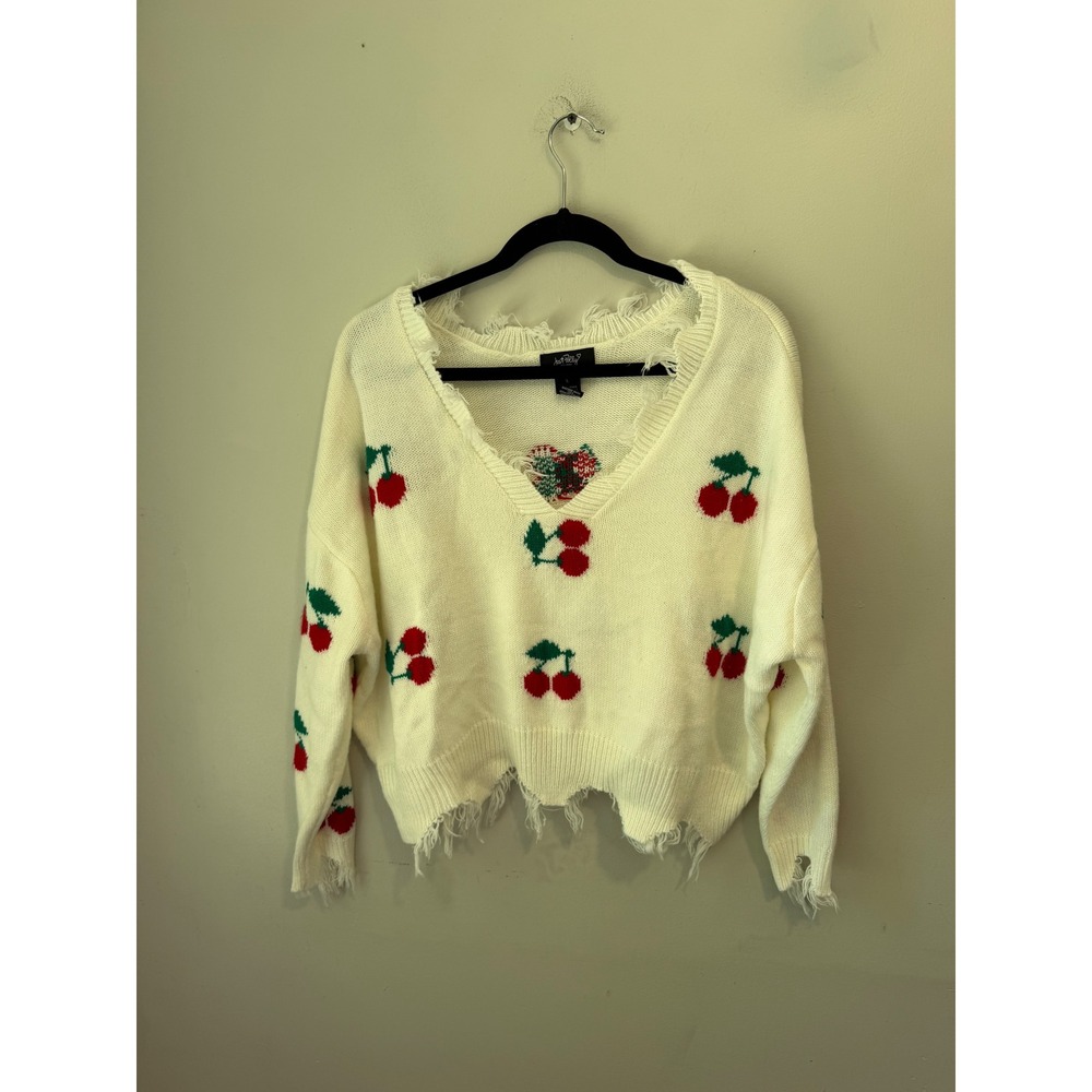Just Polly Womens Distressed Cherry Knit Sweater Cream V-Neck Size Large 2496